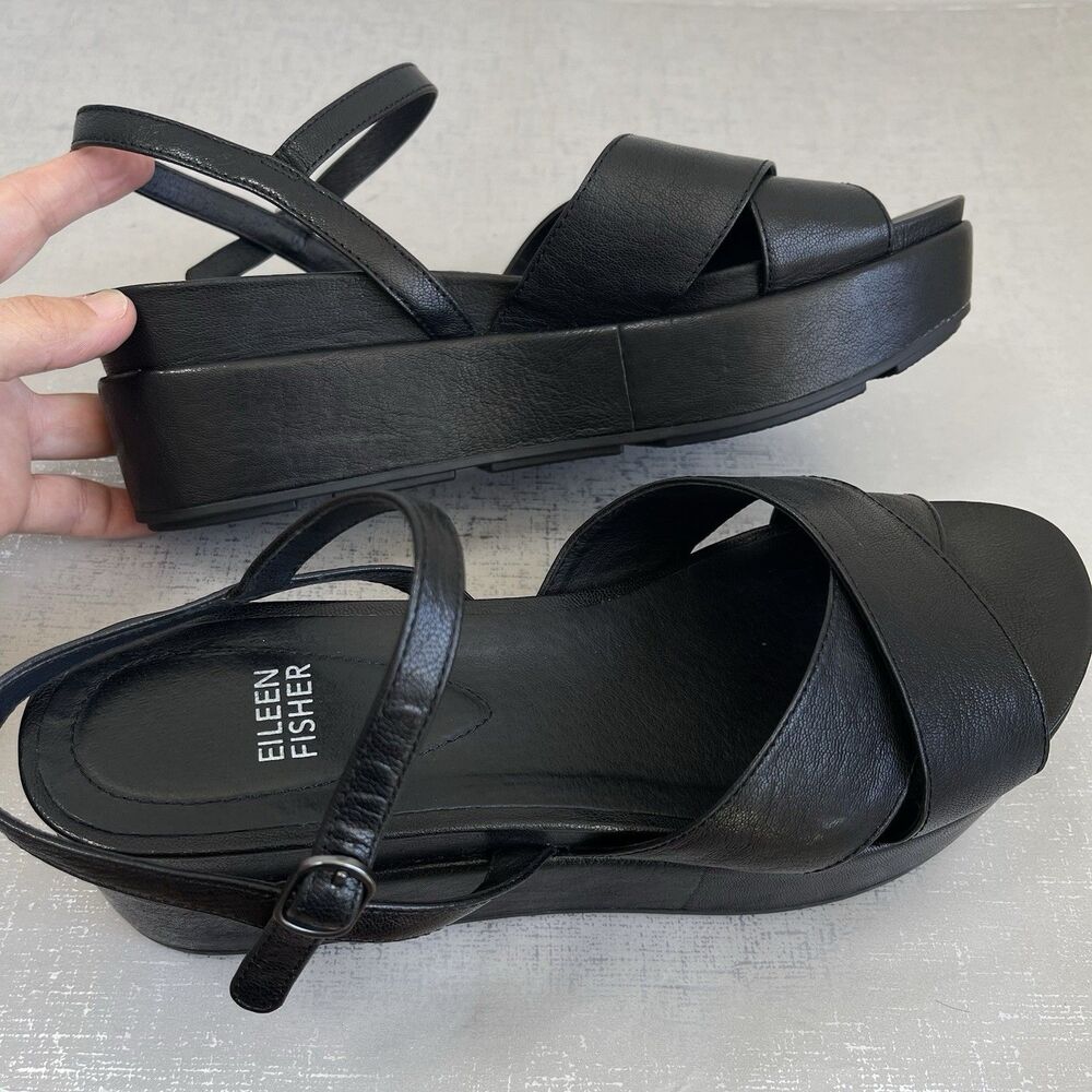 Eileen Fisher Juno Black Leather Platform Sandals 9.5 Ankle Straps Minimalist - Picture 6 of 12